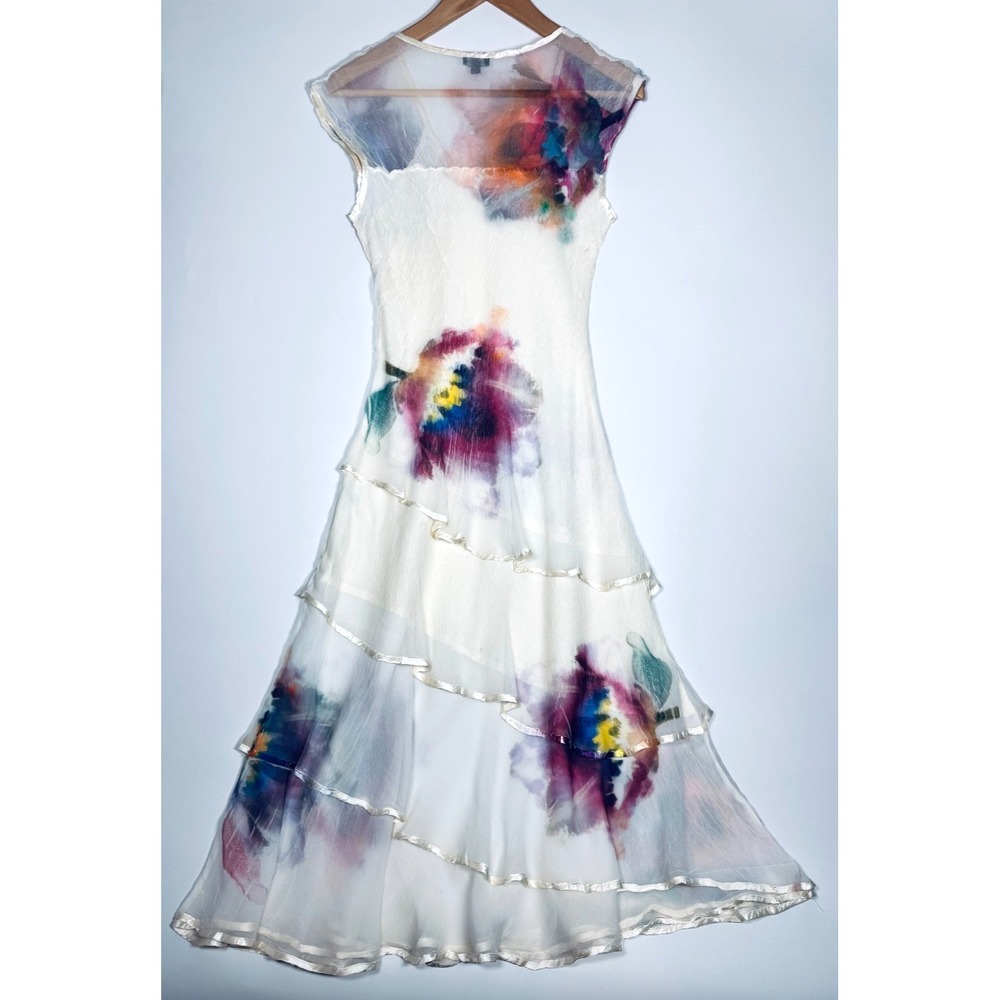 Komarov Dress Small Ivory Watercolor Floral Tiered Ruffle Midi Crinkle USA Made - Picture 4 of 16